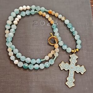 NWT Jasper Beads with Brass Blue‎ Cross Pendant Long Strand Necklace